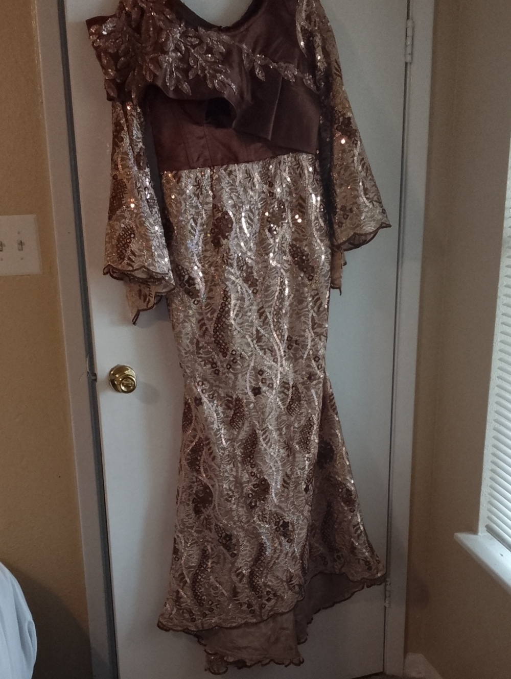 Sequin Embroidered Long Sleeve Evening Gown in Brown and Gold